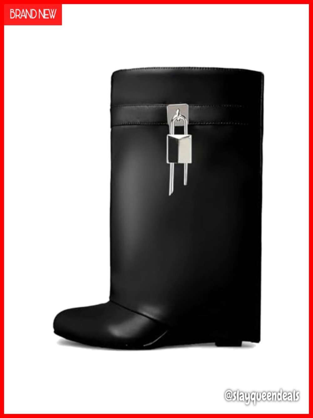 Women's Padlock Ankle Boots Fold Over Wedge Heel Wide-Calf Short Boot